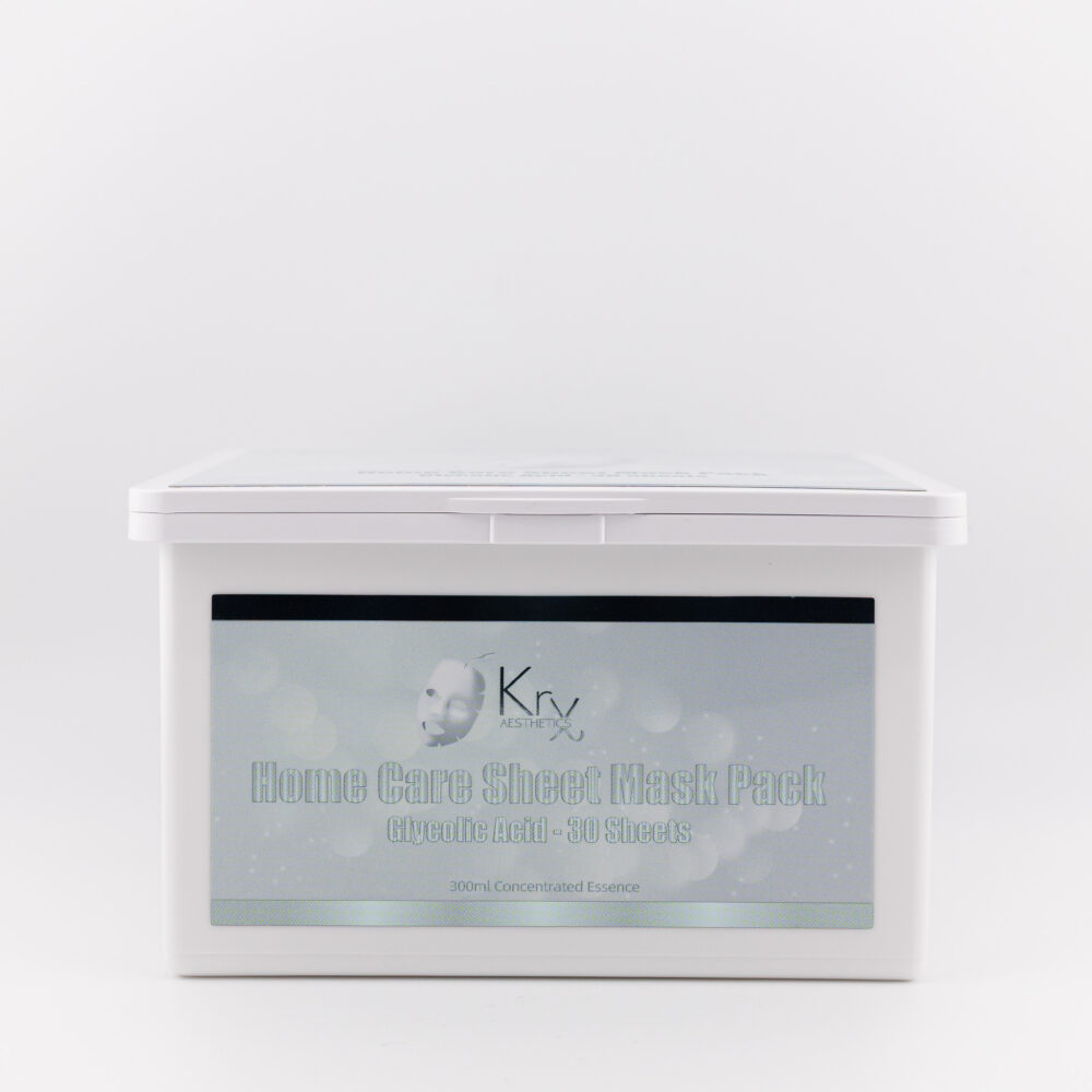 Weiße Box der KRX Home Care Sheet Mask Pack mit silber-blauer Beschriftung „Glycolic Acid – 30 Sheets“, 300 ml konzentrierte Essenz.