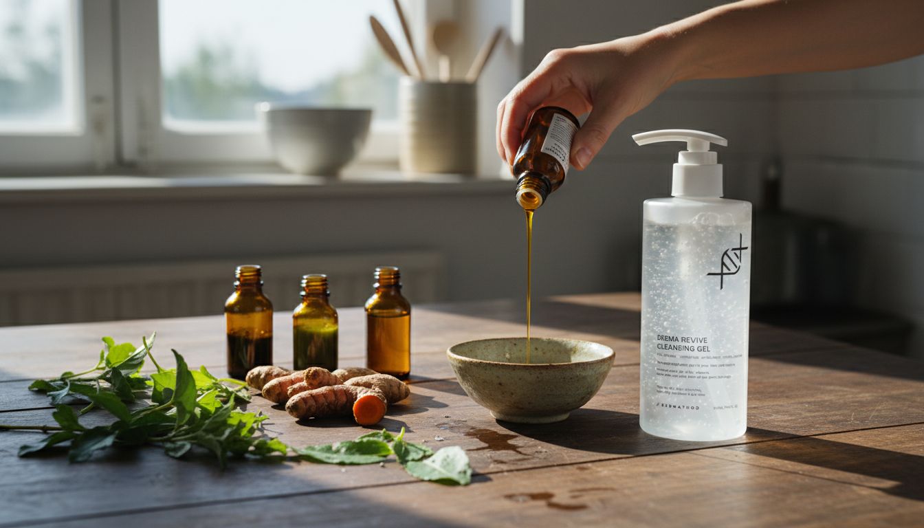 Eine Hand gießt eine Flüssigkeit aus einer kleinen Glasflasche in eine Schale auf einem Tisch. Daneben steht eine große Flasche vom Derma Revive Cleaning Gel