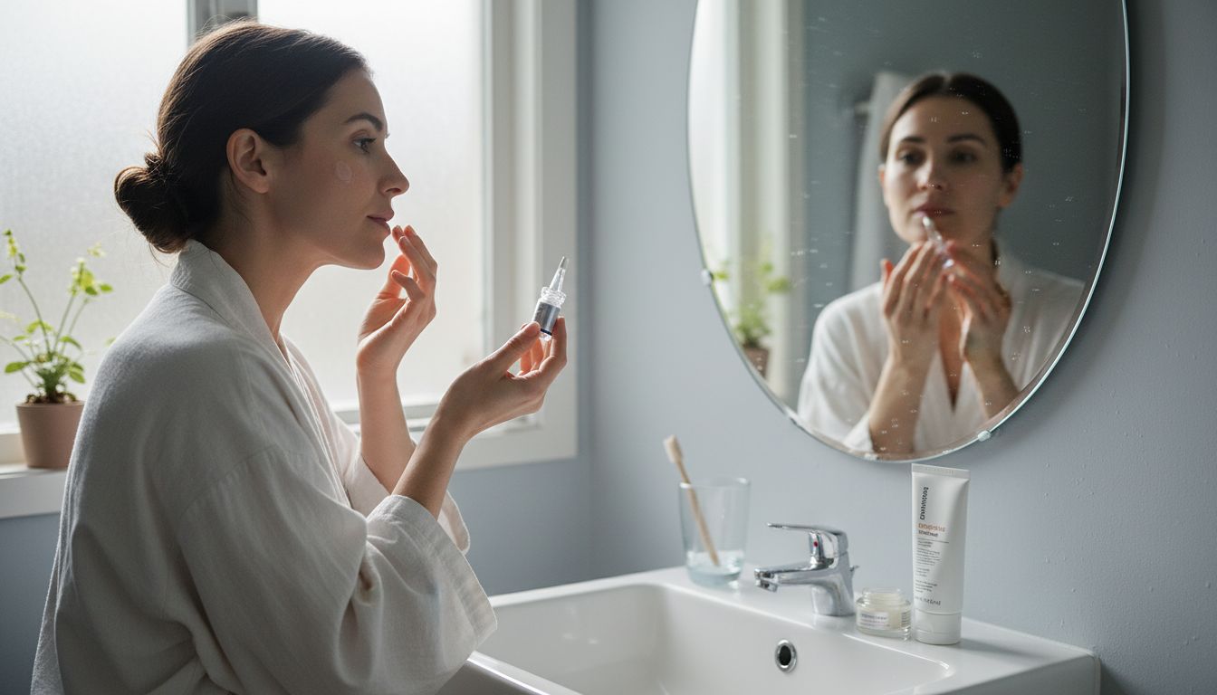 Eine Frau steht im Badezimmerund trägt ein Serum auf ihr Gesicht auf.