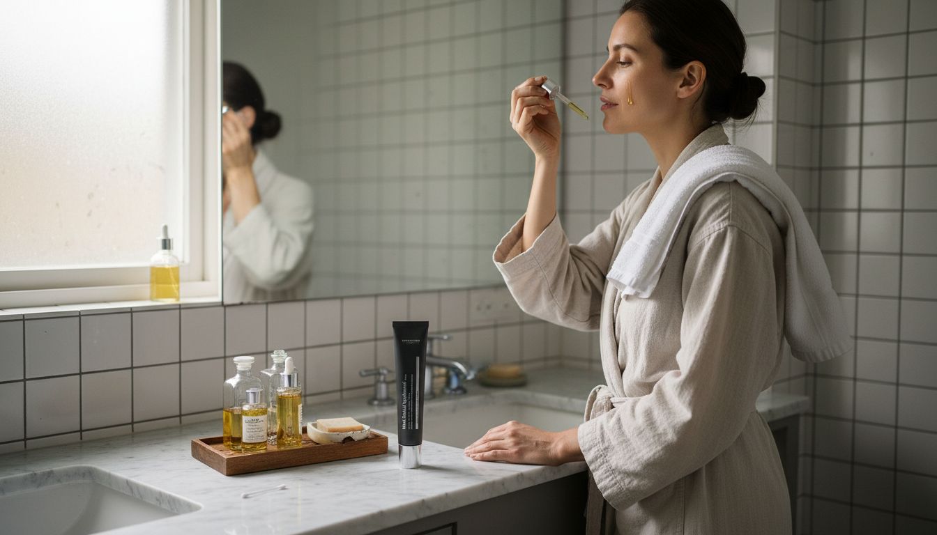 Eine Frau steht im Badezimmer und trägt mit einer Pipette Gesichtsöl auf.